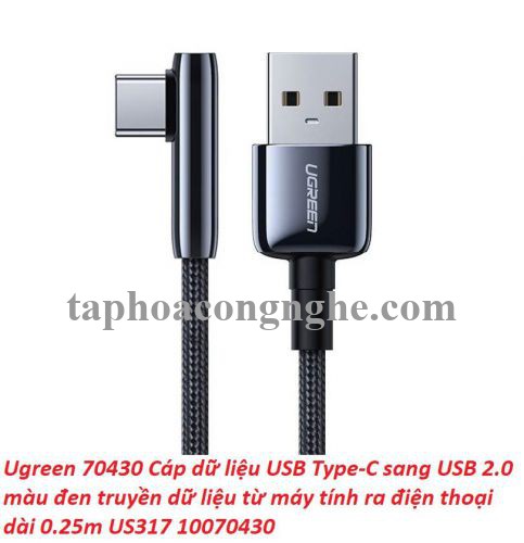 Ugreen 70430 0.25M bẻ góc C 90 độ Cáp USB A sang Type-C 2.0 màu đen truyền dữ liệu từ máy tính ra điện thoại dài 25cm US317 30070430